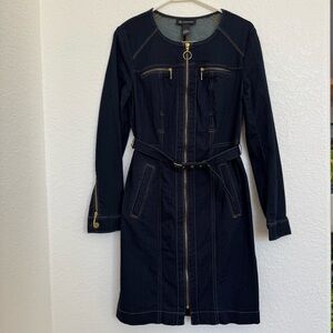 INC International Concepts Denim Utility Dress - Dark Wash Zip-Front Belted Midi